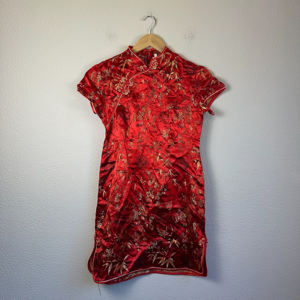 Qipao Cheongsam Dress Womens Medium Red Good Gold Brocade Satin Floral
